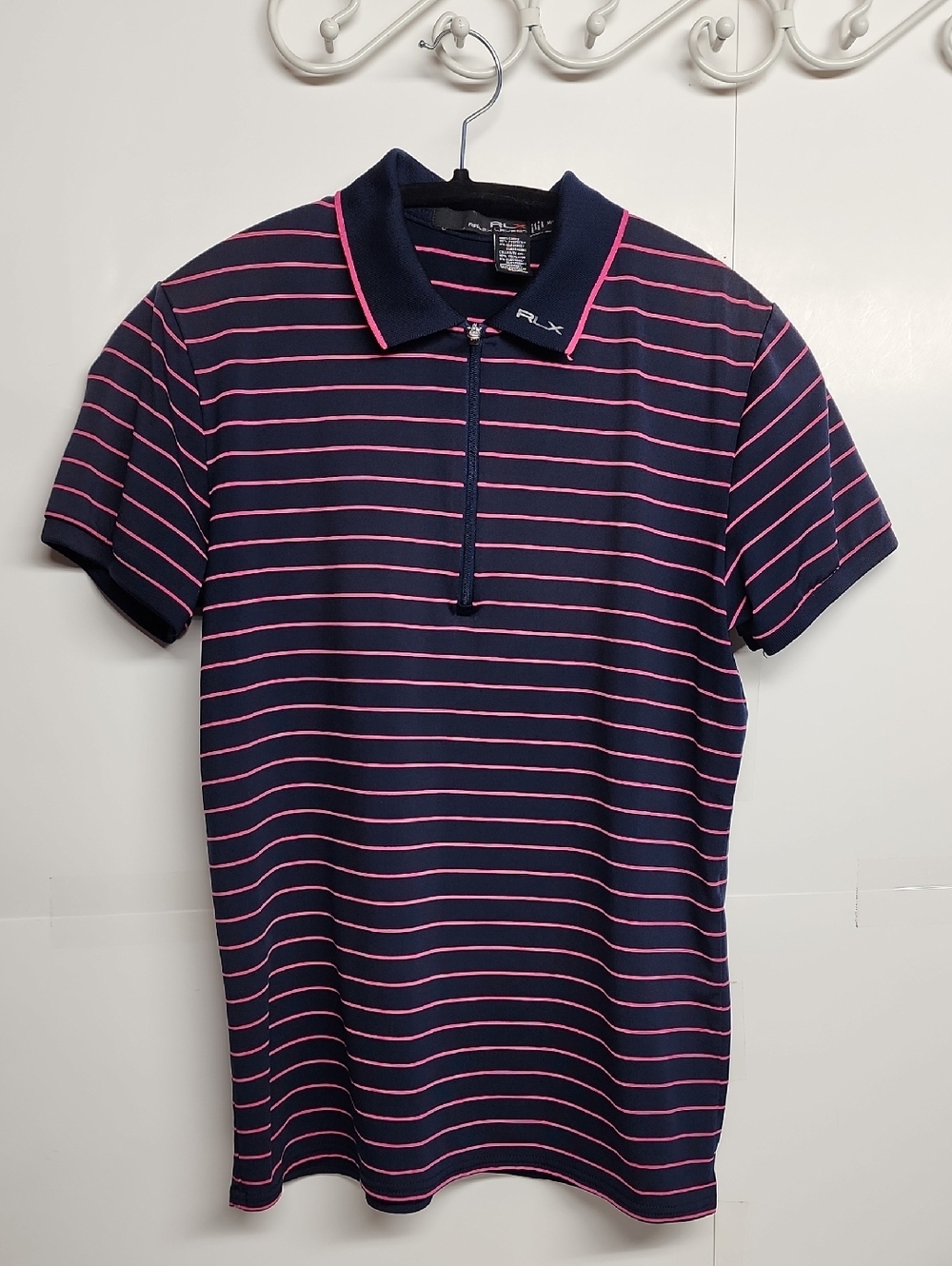 RLX Ralph Lauren Navy Polo with Pink Stripes - Unisex Zip Front Shirt Size M